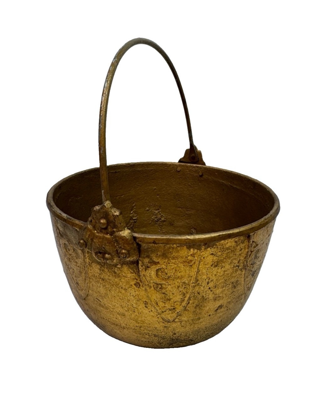 Vintage Cast Iron Cauldron Pot Gold Heraldic Shield Coat Of Arms Planter 7” W/